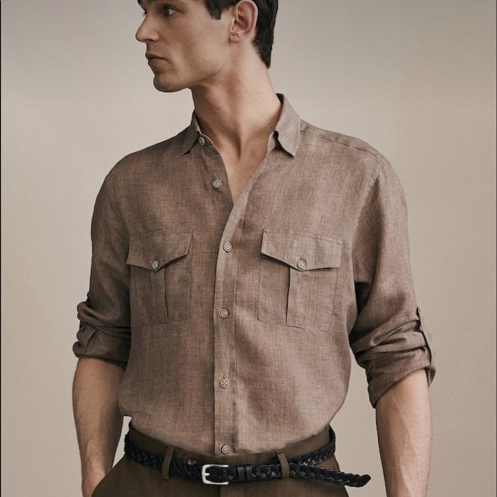Massimo Dutti Slim Fit 100% Linen Shirt with Pockets